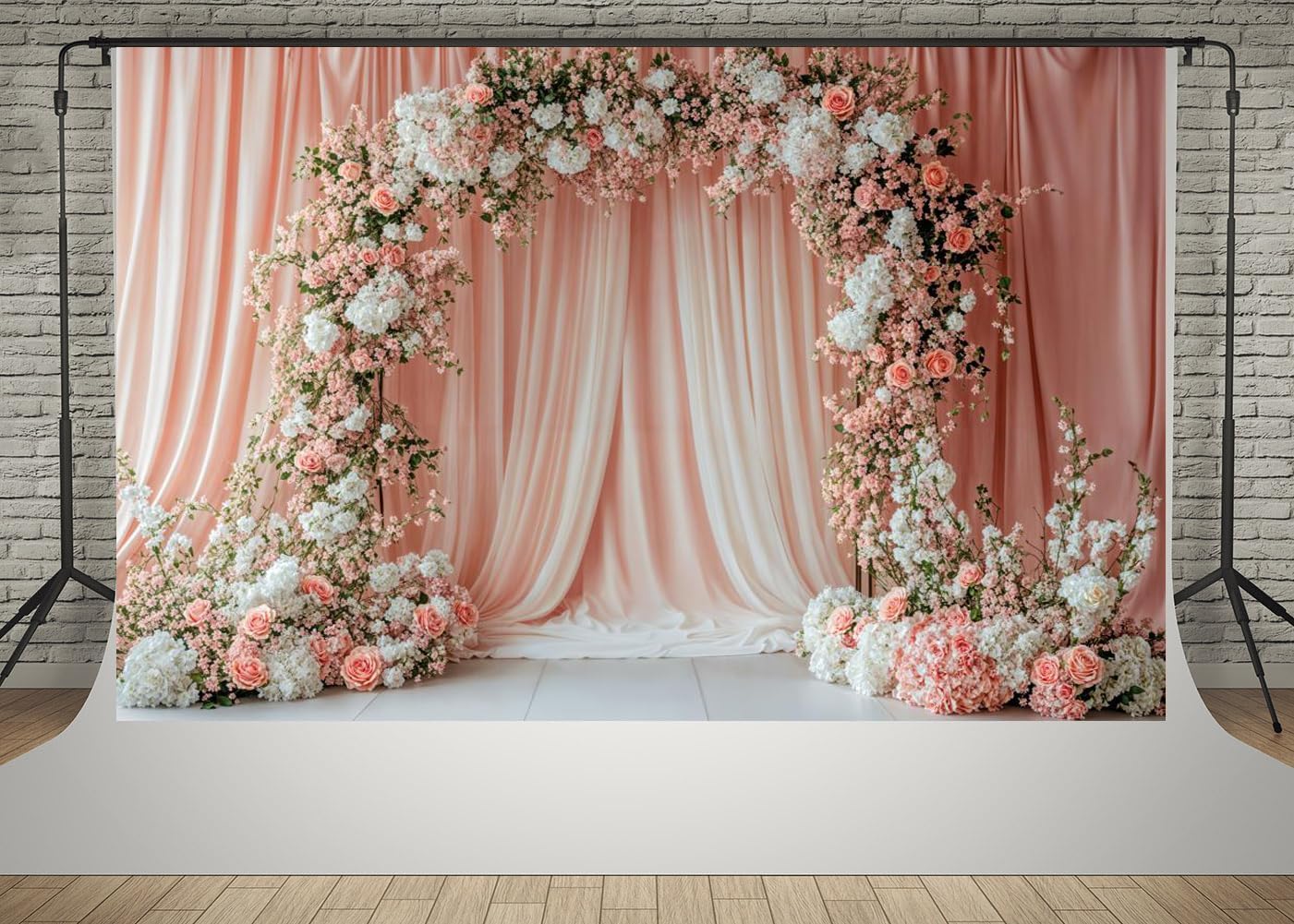 Kate 7x5ft Wedding Pink White Flowers Arch Door Photography Backdrops Wedding Stage Bridesmaid Shower Photo Background
