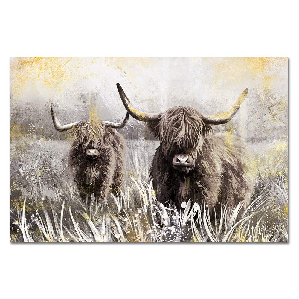 Derkymo Highland Cow Picture Wall Decor Canvas Art Texas Longhorn Cattle Artwork Farmhouse Decorations Framed Easy to Hang 24"x36"