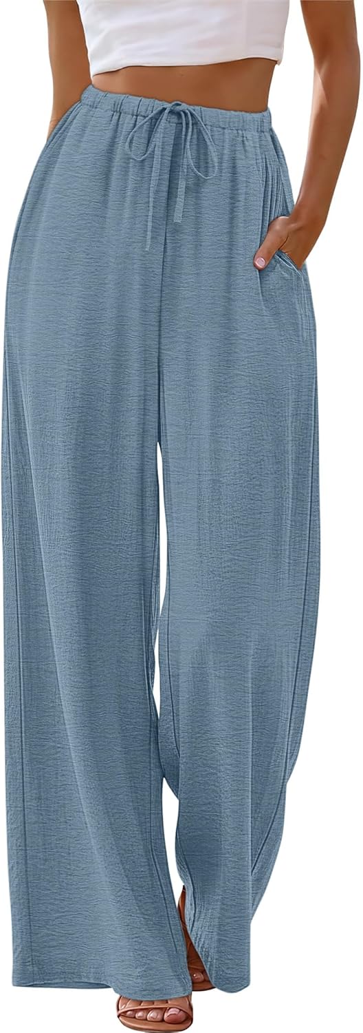 Sampeel Wide Leg Pants for Women Flowy Palazzo Drawstring Elastic Waist Trousers with Pockets Summer Beach Vacation Clothes - Image 2