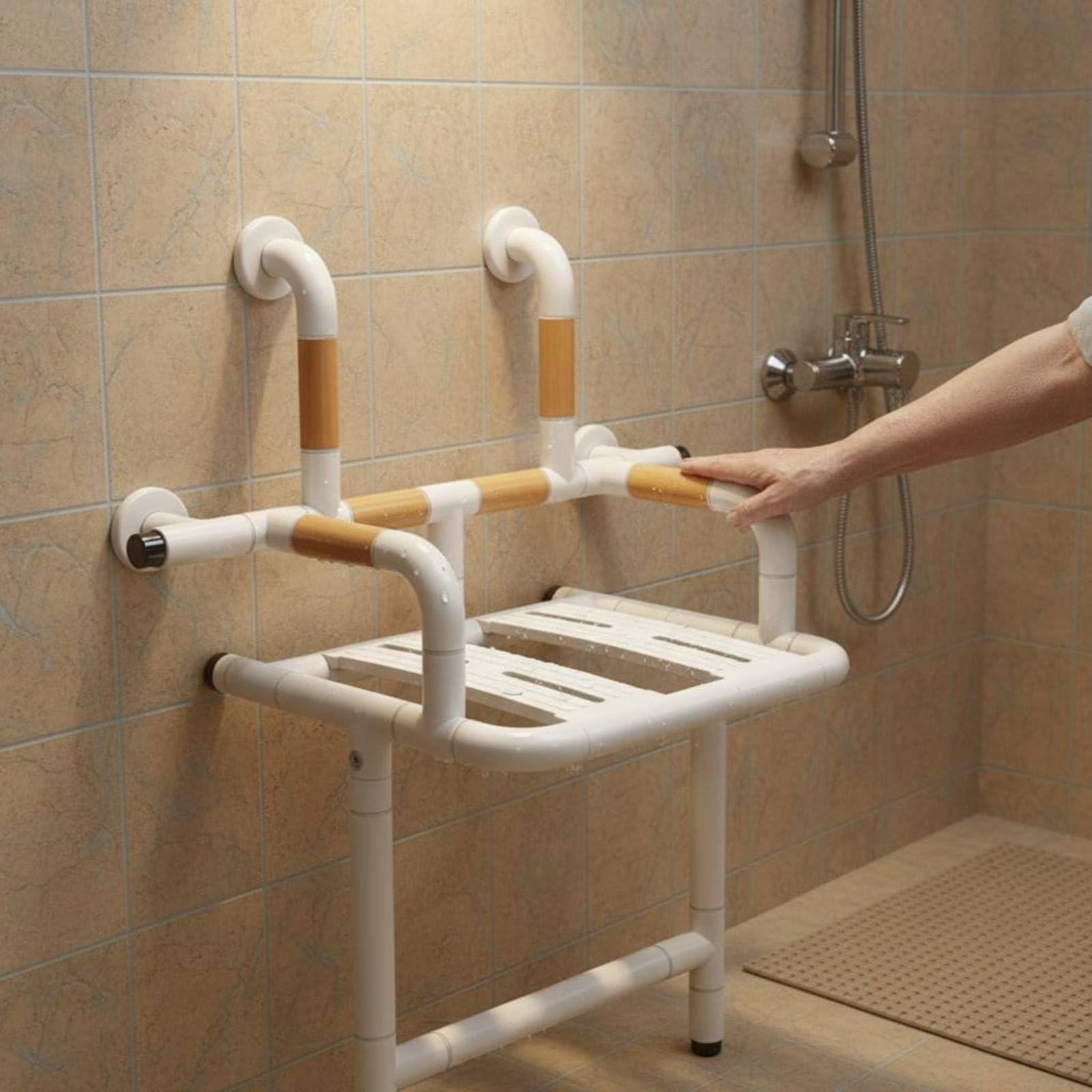 Asiento de Ducha Plegable Silla de Baño Taburete de Ducha Banco de Baño con Estructura de Pared Estable y Reposabrazos, Taburete Plegable De Pared Sin Respaldo