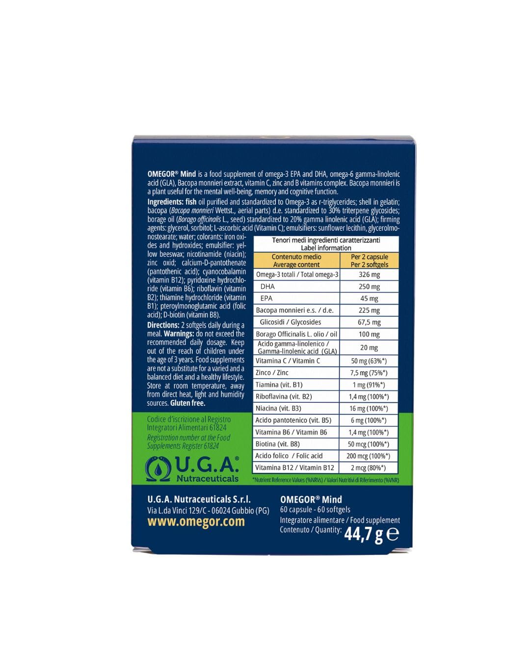 OMEGOR® Mind - Complément pour la mémoire et les fonctions congnitives - Omega 3 DHA et extrait de Bacopa Monnieri, huile de bourrache, zinc et vitamines B (60 capsule)