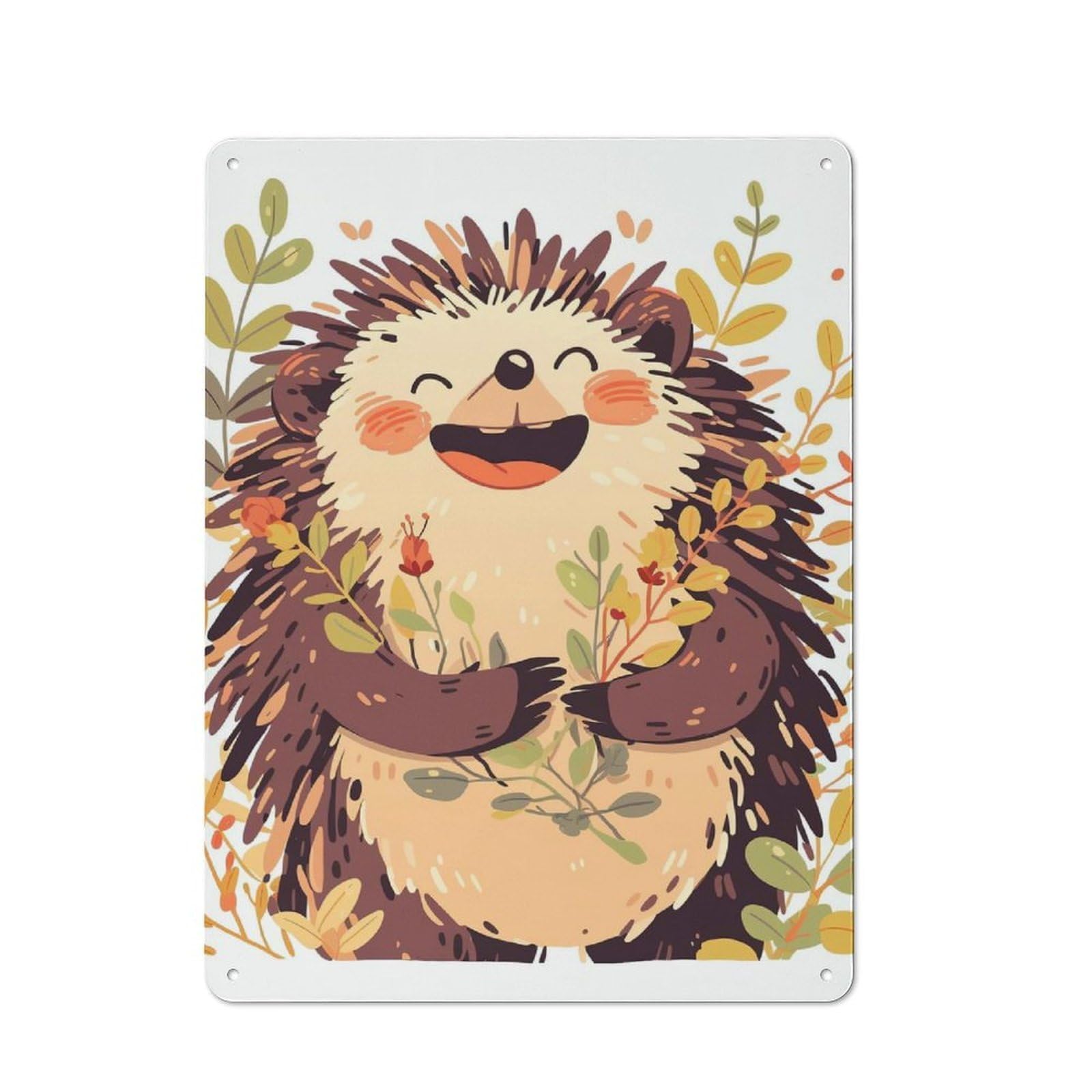 Junmoney Style-2 Metal Plaque 40X30cm With Happy Hedgehog With Flowers Illustration For Hallway Wall, Rustic Decor, A Metal Wall Feature For Hallways And Entrance Areas
