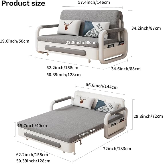 128cm Modern Sofa Bed with Storage & Latex Mattress - 2 Seater Sofa