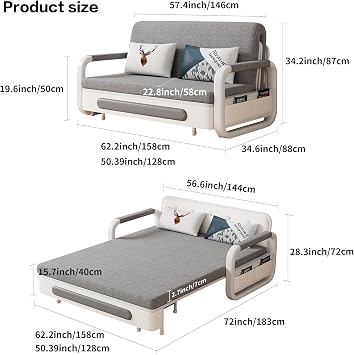 128cm Modern Sofa Bed with Storage & Latex Mattress - 2 Seater Sofa