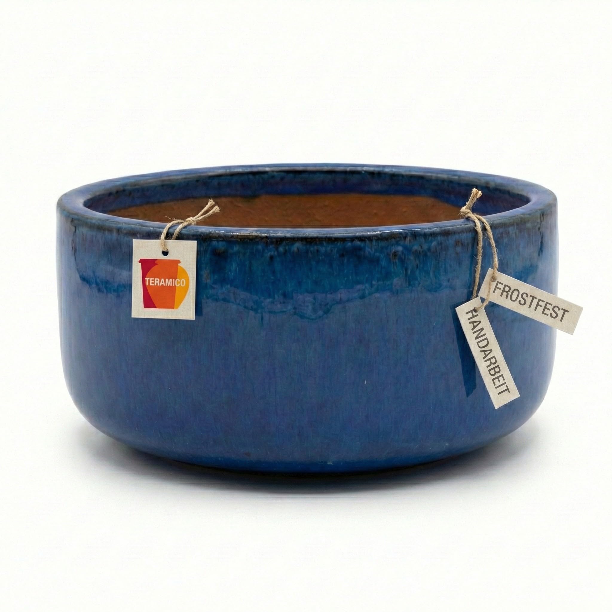 Teramico Pflanzschale Keramik Frostfest rund – Handgemachte Bonsaischale & Gartendeko für Außen, Balkon & Terrasse – Blumen Schale mit Bodenloch (Royal Blau, Ø 38 x 20 cm)