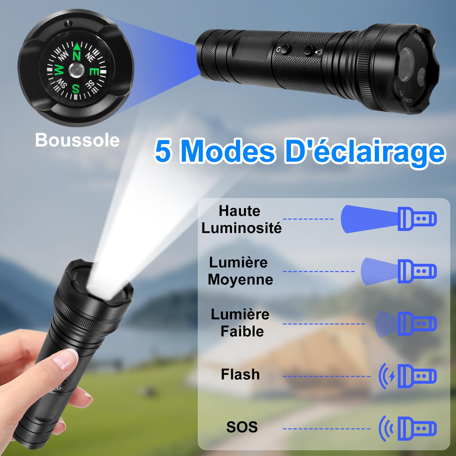 Camera Sport 1080P 120° avec Lampe, 2600mAh 11h Autonomie