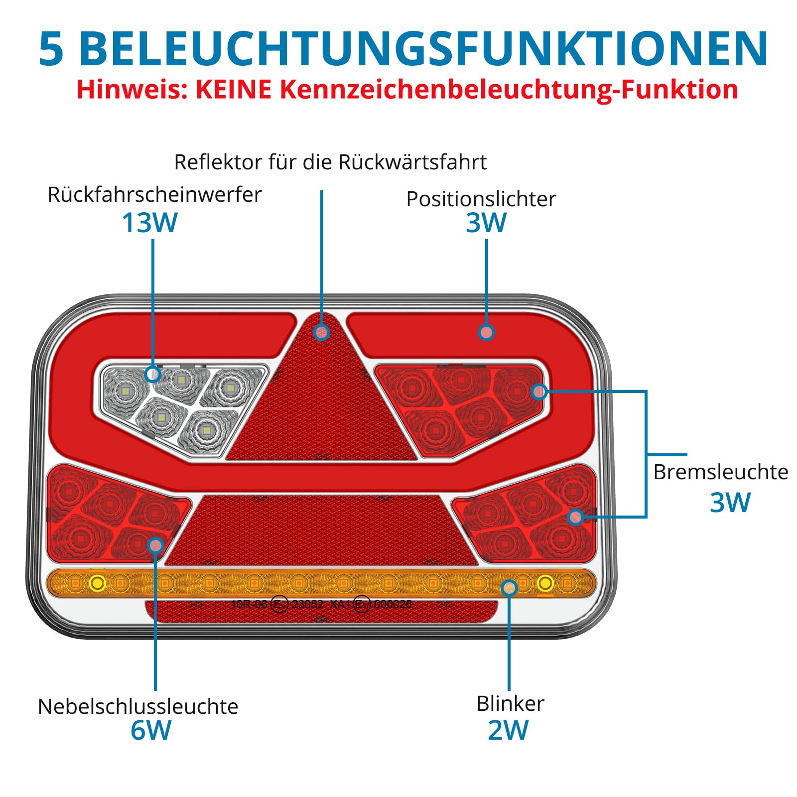 AUTOUTLET LED Anhänger Rückleuchten 12-30V, 60 LED Rücklicht Anhänger Beleuchtung 13 Polig, 5M abnehmbares Kabel, 6 Funktion & E9/E57-Mark, PKW LKW Anhängerbeleuchtung(Keine Kennzeichenbeleuchtung)