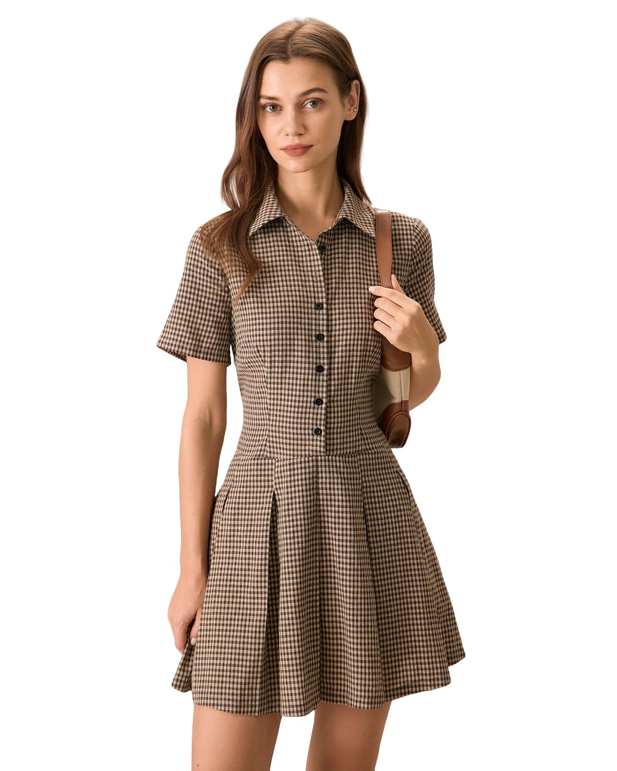 Women's Short Sleeves Brown Buttom Up Plaid Lapel Pleated Work Office Fit and Flare Mini Dress Brown XL