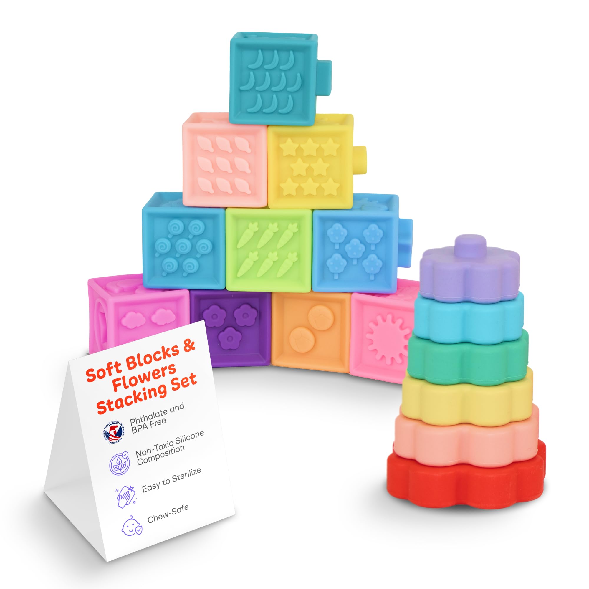 Photo 1 of BPA-free Silicone Toddler Stackable Toys- Stacking Blocks, Stacking Cups or Stacking Rings, Stacking Toys for Toddlers 6-12 Months to 3 years old | Flower & Blocks Baby Stacking Toys (Bright) Flower, Cube - Bright Multicolor