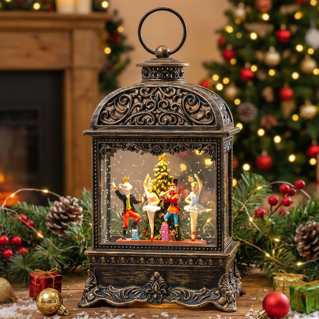 Christmas Snow Globe Lantern with Nutcracker Battles The Mouse King，Lighted Swirling Glittering Snow Globes with Music & Timer, Christmas Decorations for Home Tabletop Indoor