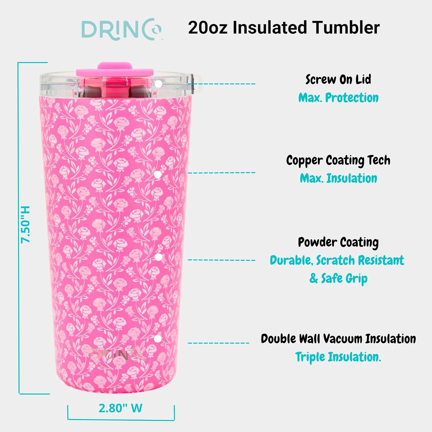 Drinco - 20 oz Stainless Steel Tumbler | Double Walled Vacuum Insulated Mug With Lid, 2 Straws, For Hot & Cold Drinks (20oz Pink Rose) - Image 4