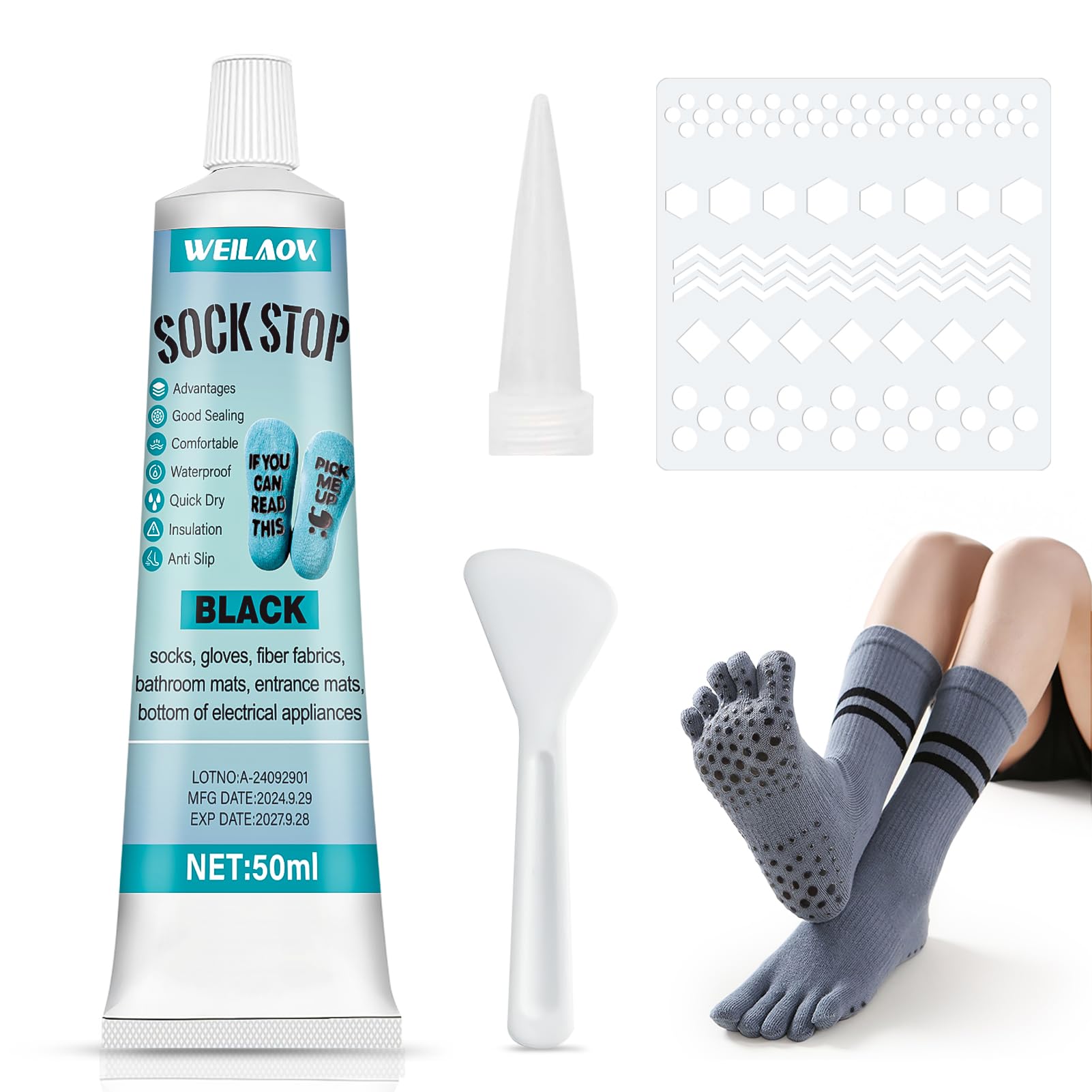 Sock Stop Liquid, antypoślizgowy zestaw skarpet, antypoślizgowe rozwiązanie skarpet, zmywalne, płynny klej antypoślizgowe skarpety, maty łazienkowe, czarne