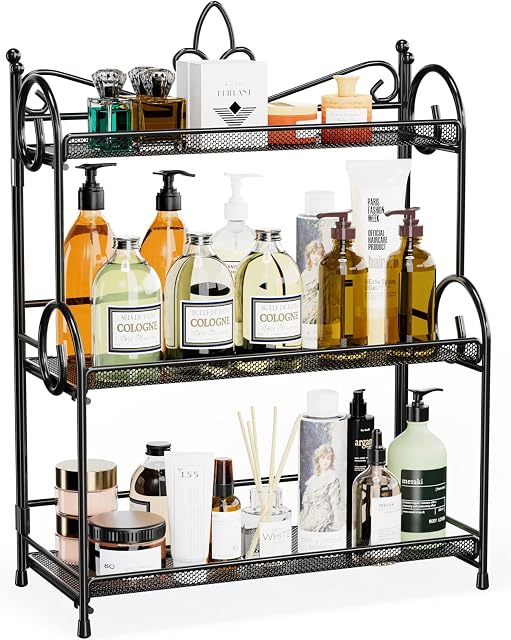 EKNITEY Kitchen Countertop Storage Organiser - 3 Tier Folding Bathroom Counter Organisation and Storage for Spice, Makeup Black