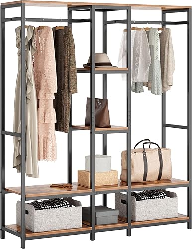 soges Percheros de ropa con estantes de 5 niveles, 2 barras de ropa, organizador de almacenamiento independiente para colgar ropa y almacenamiento