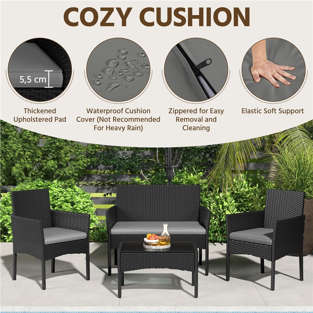 Yaheetech Set di Mobili da Giardino da Balcone 4 Pezzi in Polyrattan con Divano a 2 Posti 2 Poltrone 1 Tavolo per Esterni Patio Giardino Nero/Grigio Chiaro