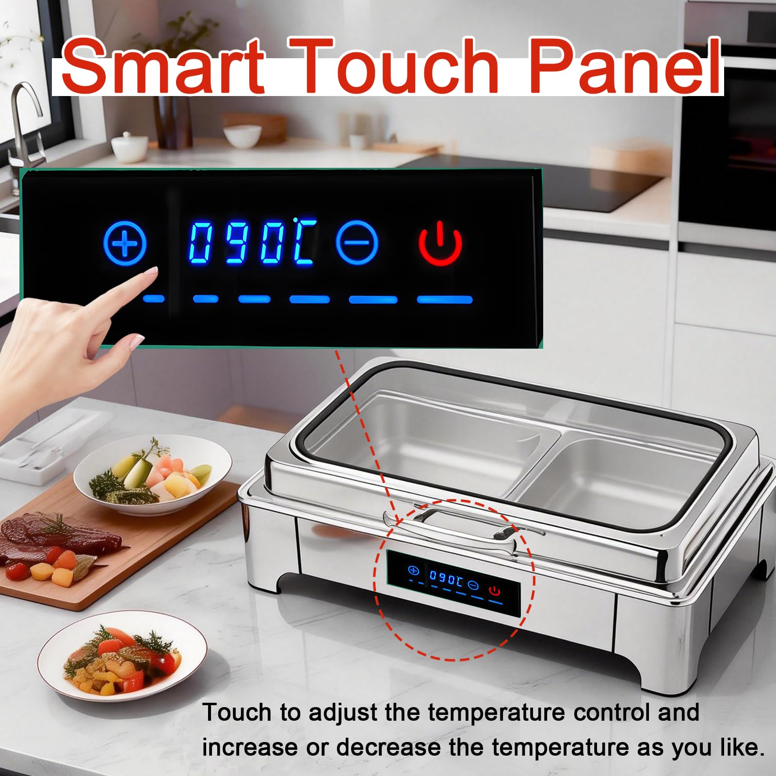 Chafing Dish Buffet Elettrico 9L(1/2 Pan) | Professionale Scaldavivande Buffet Elettrico Acciaio Inox Temperatura Regolabile per Catering Buffet con Coperchio in Vetro