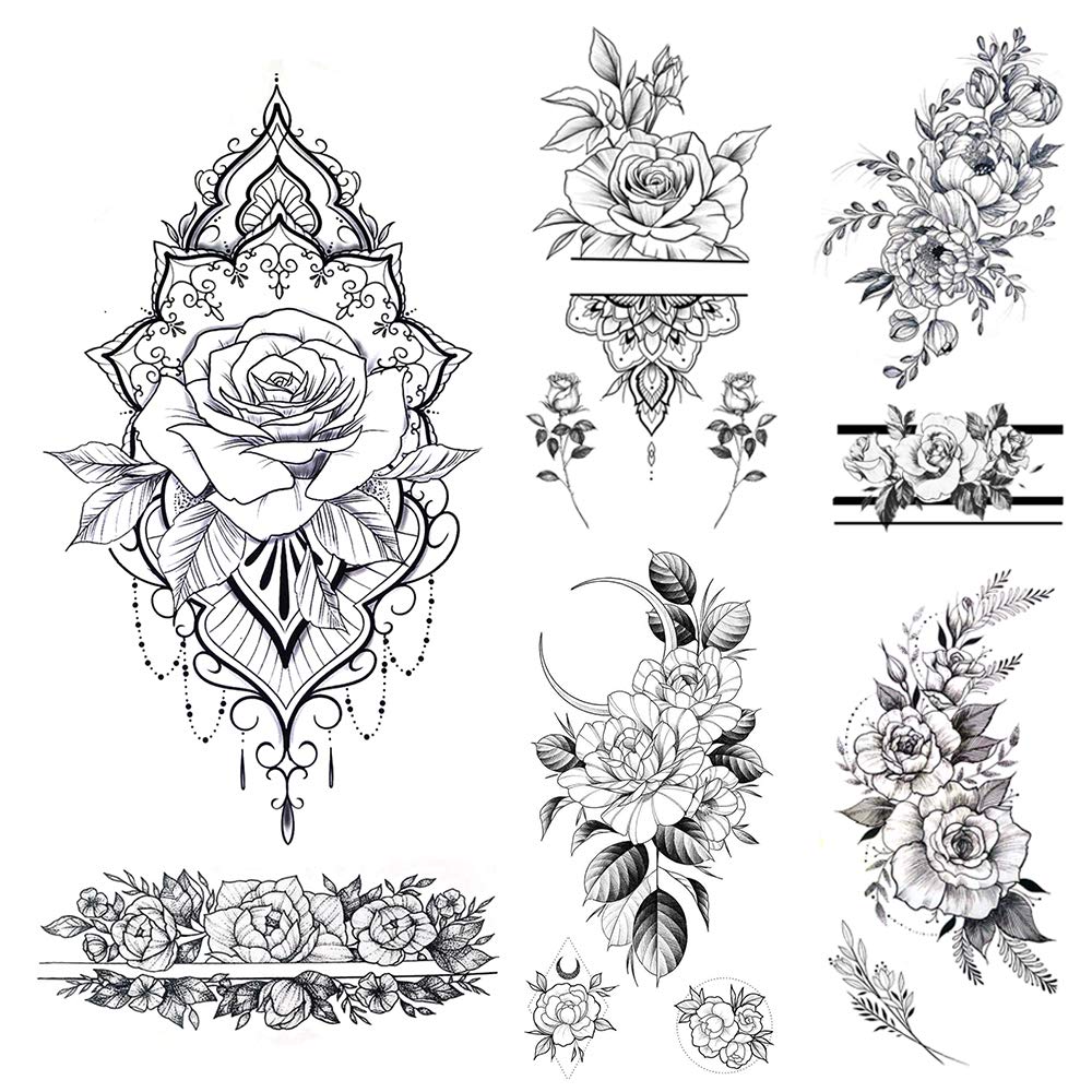 Amazon.com : glaryyears 11 Sheets 24 Tattoos Black Flower Temporary Tattoos  for Women, Realistic Henna Rose Fake Temporary Tattoo Stickers Waterproof  on Wrist Arm Shoulder Body Art 3.5''x7.5'' : Beauty & Personal