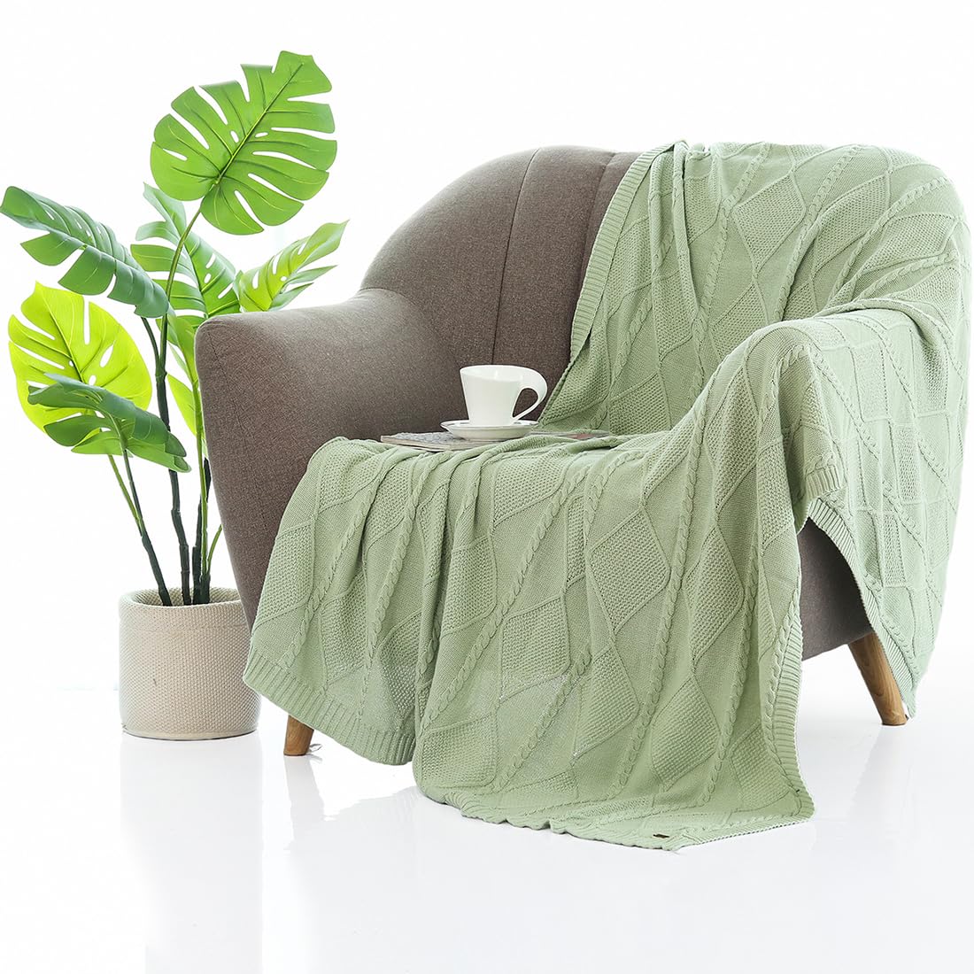 Pluchi Cable Moss Cotton Knitted All Season AC Throw Blanket (125cm X 150cm) (Desert Sage)-image-26