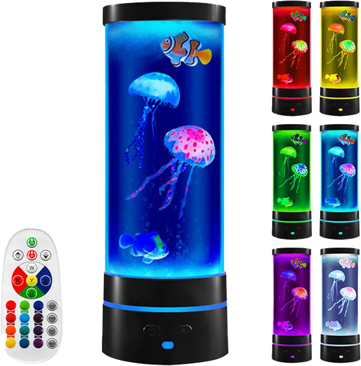 14" Black Minimalist Cylinder Jellyfish Lamp with Remote Control,with 3 Jellyfish (2 Large + 1 Small),16 Color Changes,with Stylish Blue Base Light,USB Powered,for Bedroom and Office Decoration