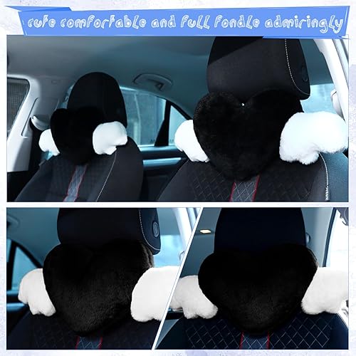 Miniatura 3 de Macarrie 2 almohadas de felpa en forma de corazón con alas de ángel, almohada para reposacabezas de automóvil, almohada suave y cómoda para asiento