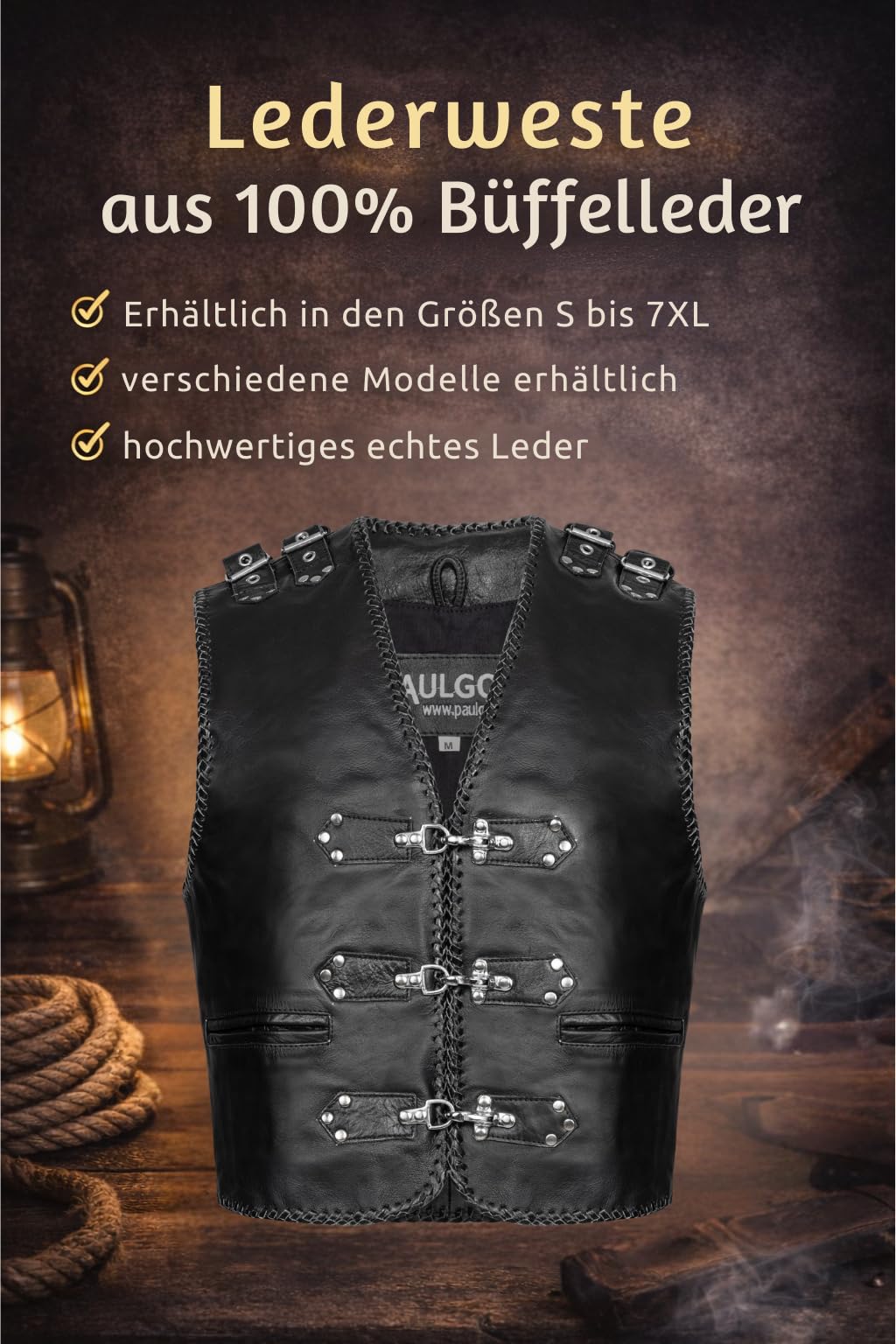 PAULGOS Lederweste Weste Kutte Leder Biker Rocker Motorrad Clubweste Bikerweste Motorradweste Schwarz BW7