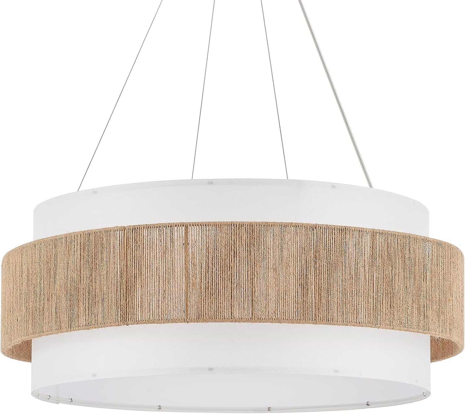 30” Fabric Rattan Chandelier Boho Hand Woven Coastal Pendant Light Adjustable Drum Large Pendant Lighting Fixtures for Dining Room Living Room Kitchen Hallway, Off-White, UL Listed