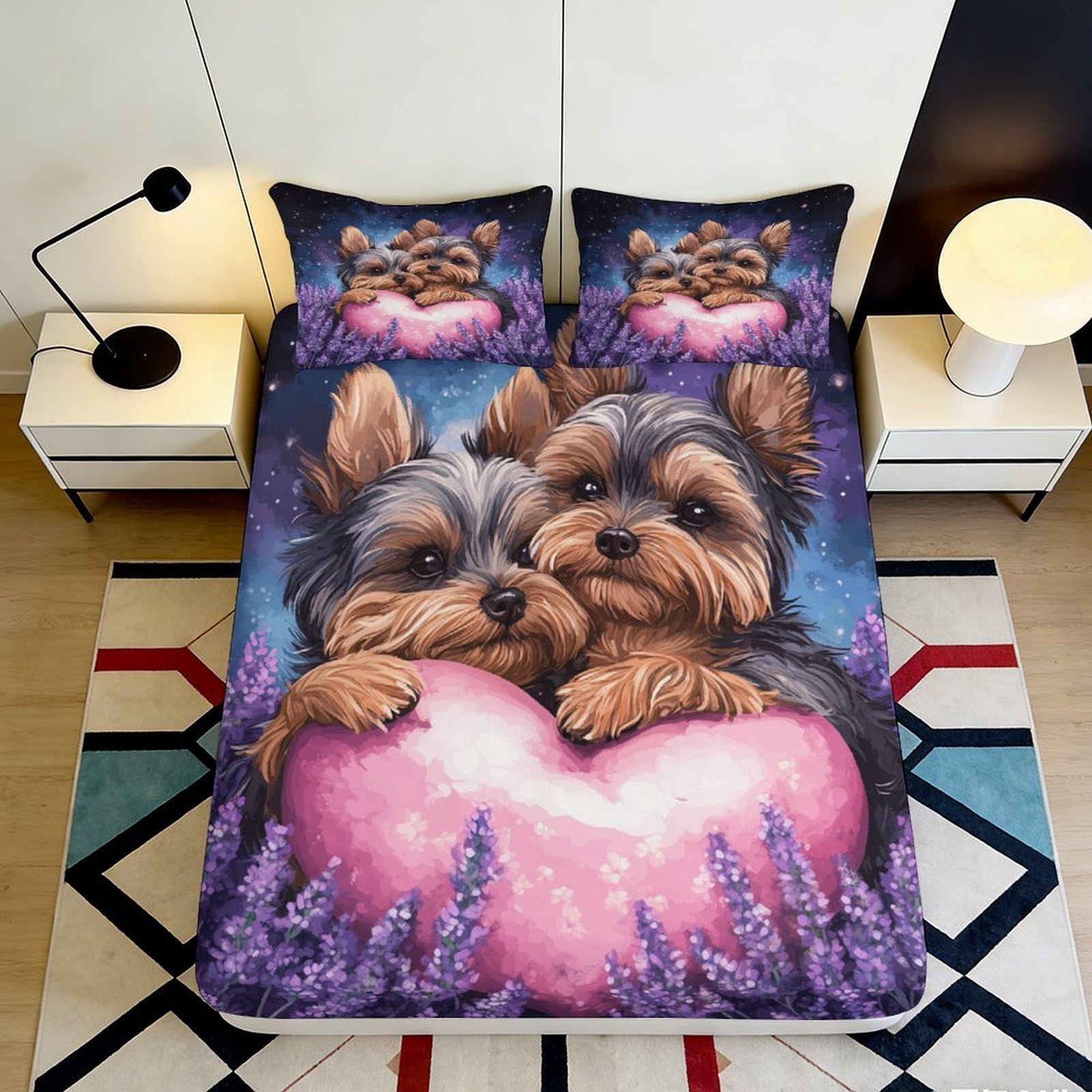 Decorative Yorkshire Terrier Fitted Sheet, 3D Printed, Soft Touch Microfiber, Bed Sheet for Bedroom, Guest Room Bedding, Wrinkle Resistant, Easy Care, 180x200x25cm