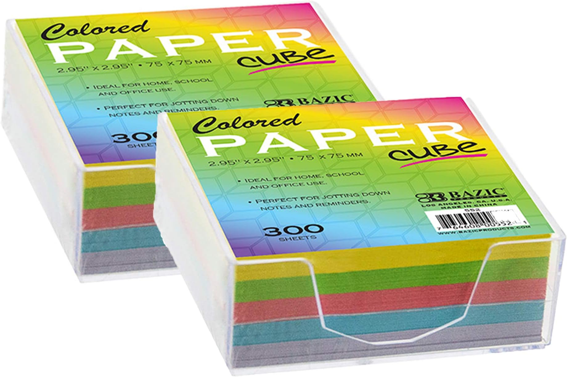 BAZIC Products Color Paper Cube with Durable Tray, Assorted Color Mini Memo Papers & Notepad Reminders for Home, School, Office Use, 3" x 3" 300 Count/Pack, 2-Pack