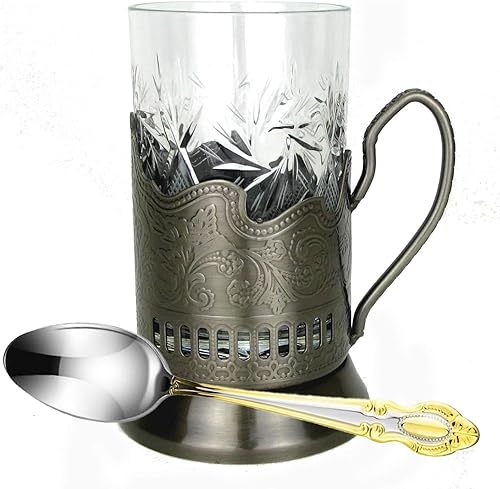 Juego de té ruso de 6 piezas de vasos de té caliente templados con cristal de metal Podstakannik con cucharadita - Vasos de diseño vintage