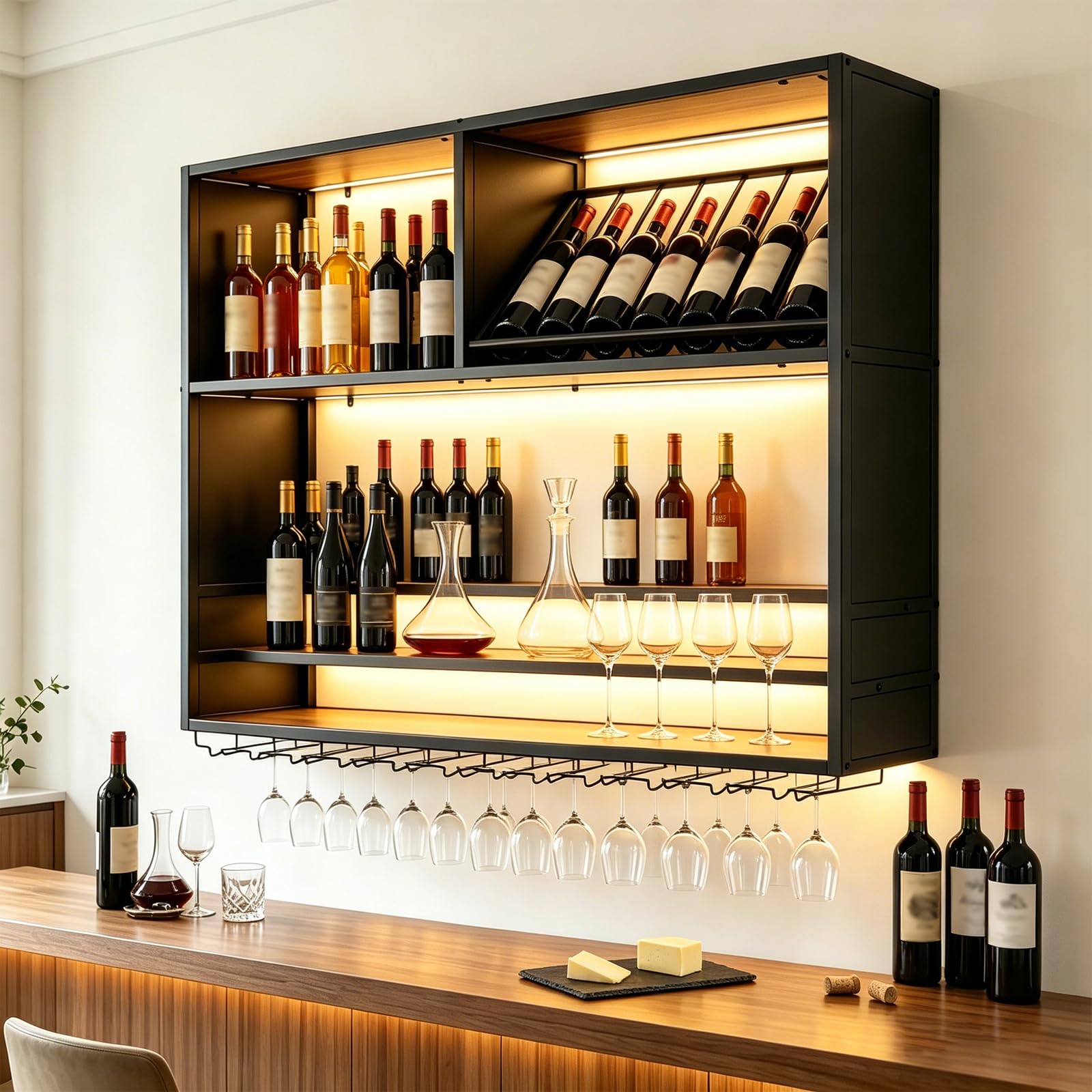 Portabottiglie da Vino a Parete con LED, Industriale 4 Livelli Scaffale Vino in Metallo e Legno con Portabicchieri, Grande Espositore Multifunzione Scaffale Portavino per Bar Ristorante (black, 100cm)