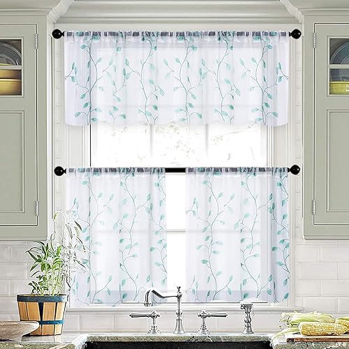 Miniatura 6 de MRTREES Cenefa de cortina transparente de Navidad, cenefas pequeñas bordadas con hojas y bolsillo para barra, paneles de tratamiento de ventanas