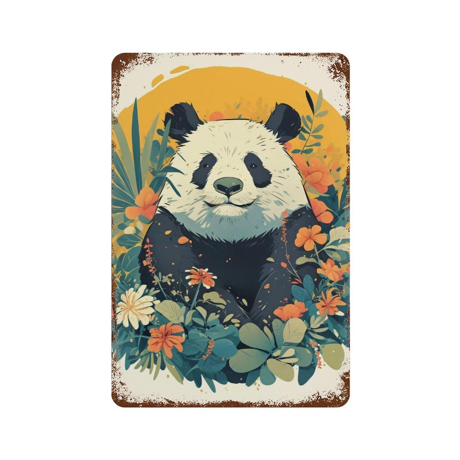 Panda in Floral Garden Illustration Rustic Tin Plaque 11.8"x7.9", Rustic Home Decor for Office, Studio And Wall Decor
