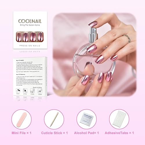 Miniatura 2 de Coolnail - Uñas postizas a presión de color rosa metálico, estilo ataúd largo, diseño punk, uñas postizas acrílicas reutilizables para mujeres, 24
