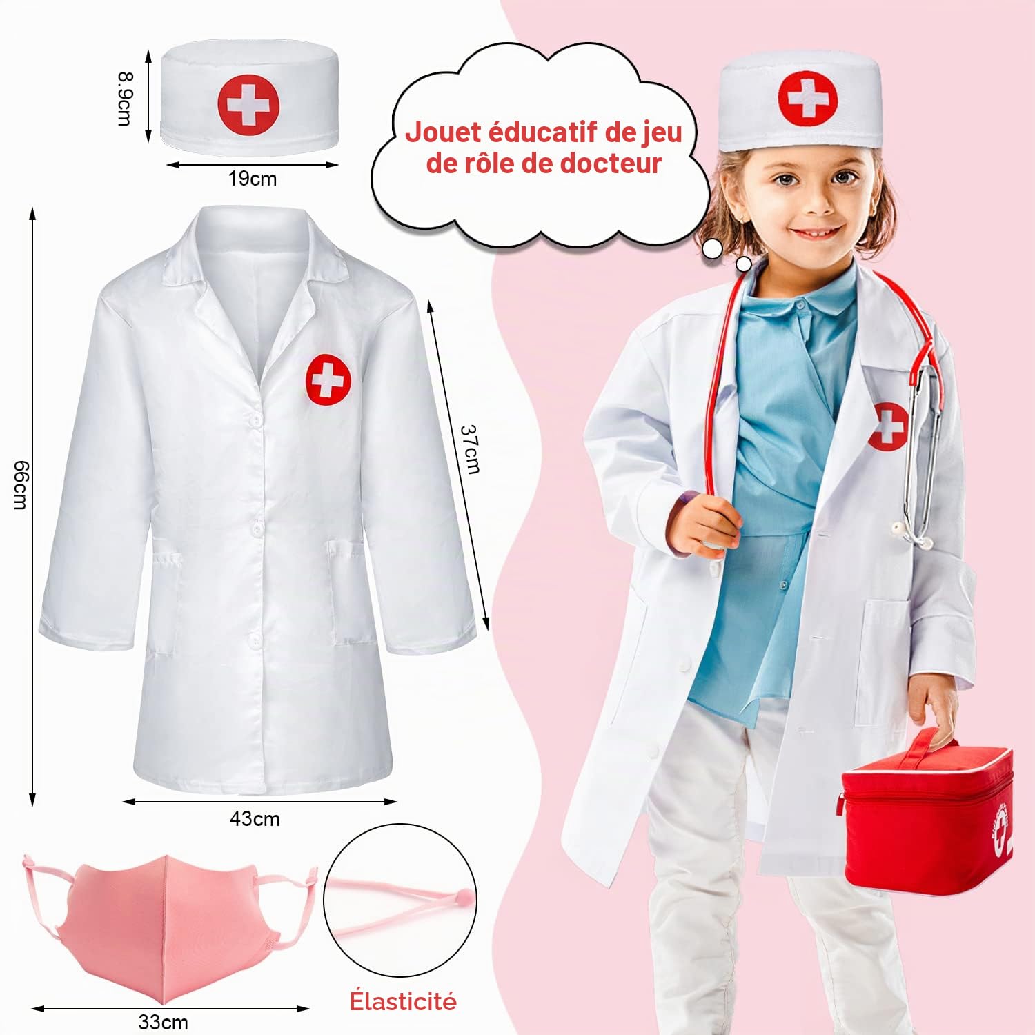 Sundaymot Malette Docteur Enfant Médecin Jouet Bois avec stéthoscope véritable, thermomètre, Mallette de Dentiste, Blouse de Docteur, Cadeau médical de Jeu de rôle Rouge pour Filles garçons 3 4 Ans