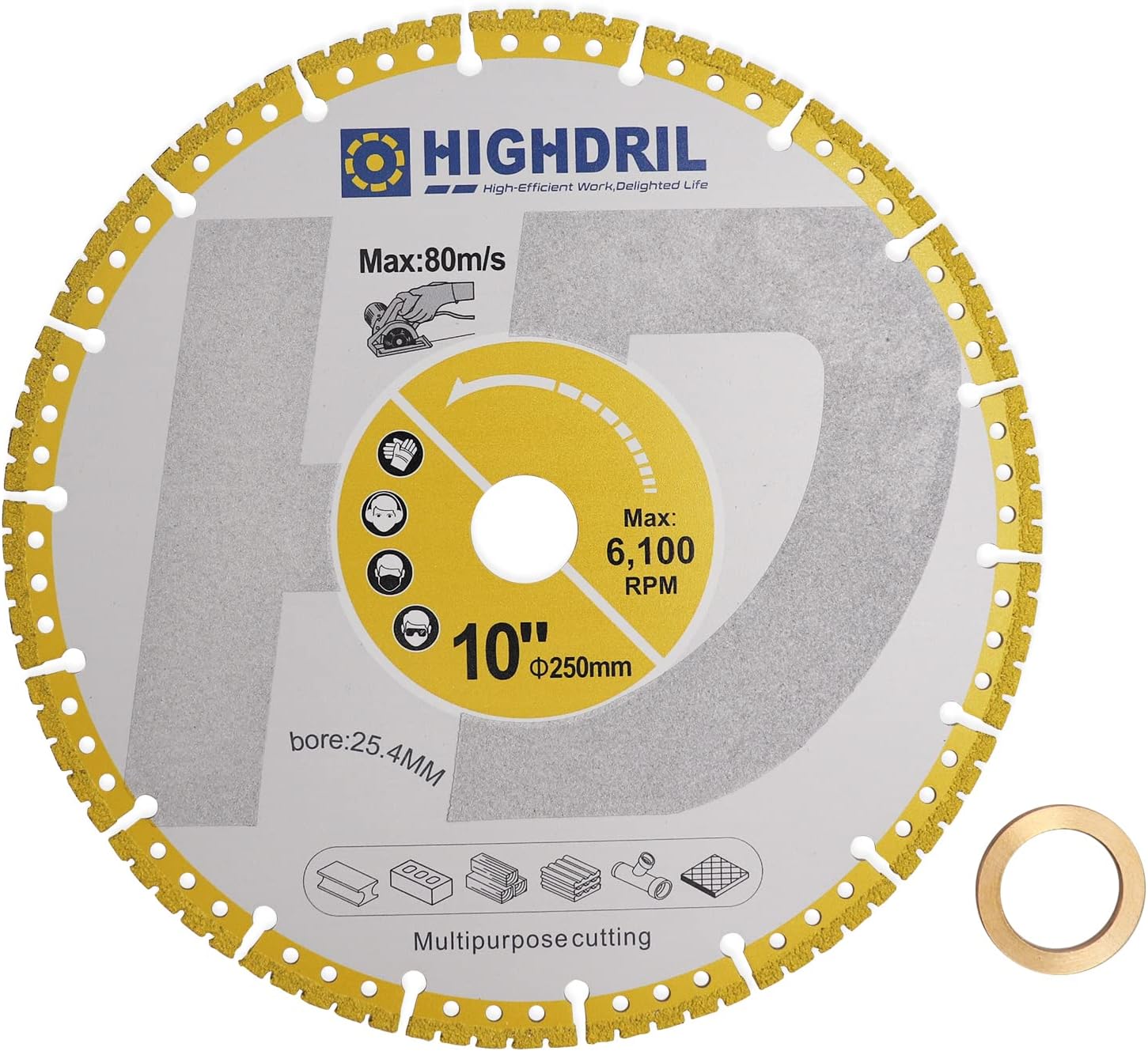 HIGHDRIL Diamond Mental Cutting Blade 10 inch/250mm Heavy Duty All-Purpose Cutting/Grinding for Rebar Sheet Metal Angle Iron Stainless Steel