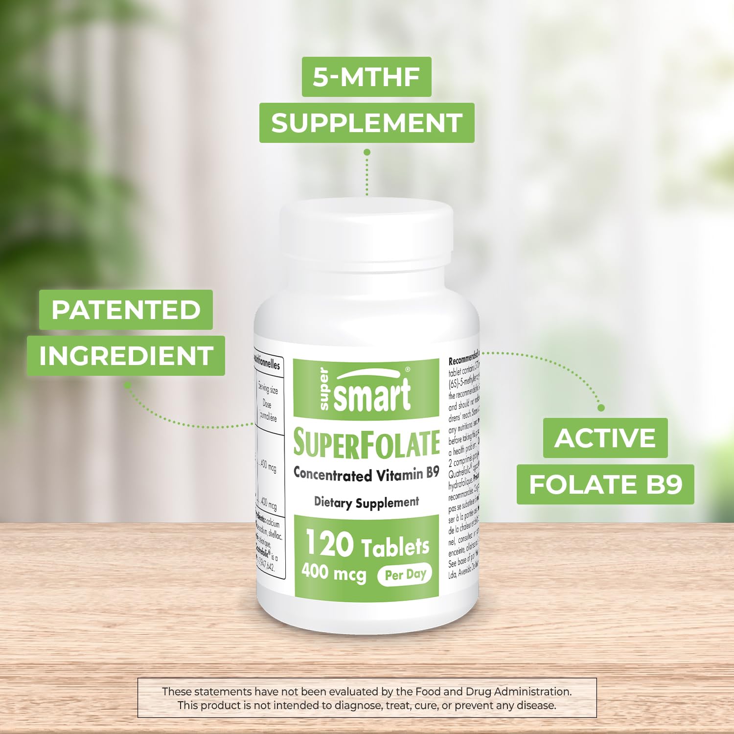 Supersmart - SuperFolate 400mcg / 4g per Day (Patented & Bioavailable) - Quatrefolic 5-MTHF Supplement - Active Folate Vitamin B9 | Non-GMO & Gluten Free - 120 Tablets — Amazon image 3