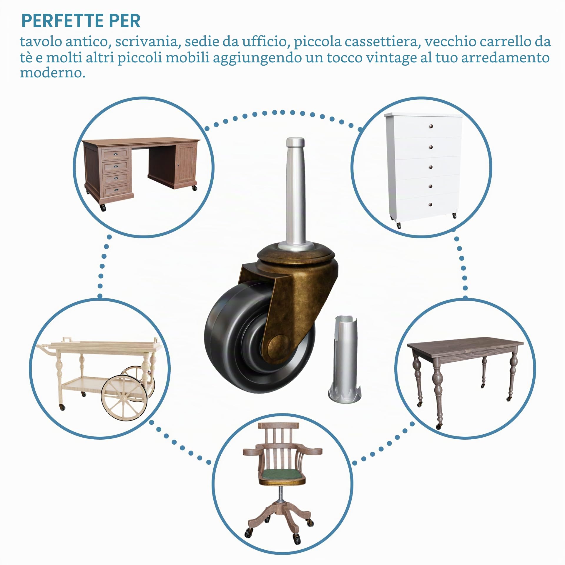 Rotelle in ottone anticato con ruote in gomma da 3,5 cm, ricambio per sedie, divani, cassettiere, mobili vintage per pavimenti in legno, set da 4