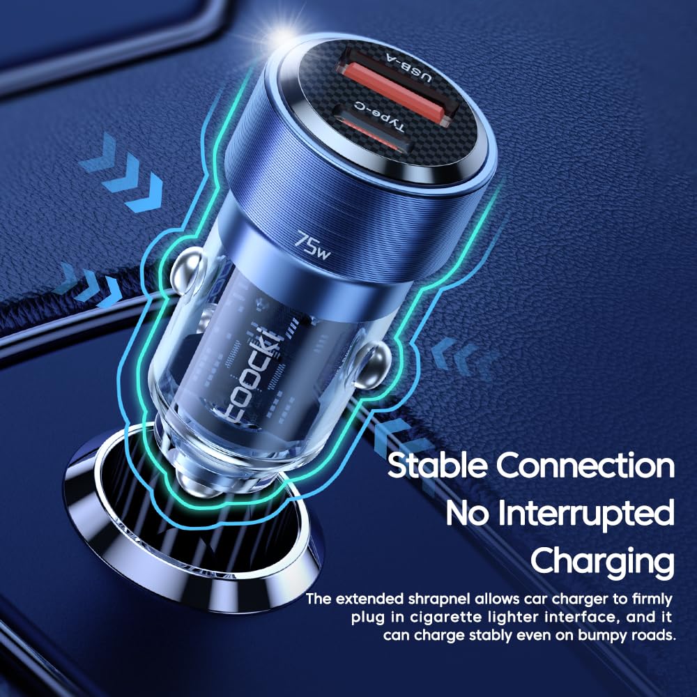 TOOCKI Podwójne gniazdo USB 75 W, 1 x USB-A i 1x USB-C PD 45 W, do gniazda samochodowego 12V/24 V, przezroczysta konstrukcja, chronione ładowanie, kompatybilne z iPhone, Samsung, iPad, MacBook,
