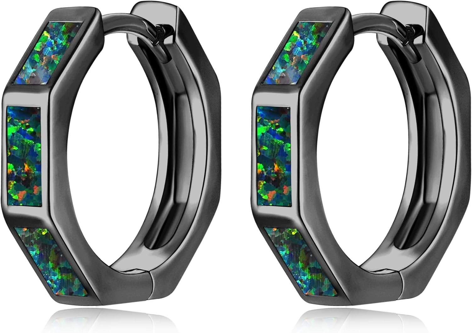 CiNily Opal Hoop Earrings for Women, Hexagon Huggie Earrings 14K White/Black/Gold Plated Hypoallergenic | Mini Hoop Earrings | Small Hoops for Sensitive Ear Christmas Halloween Jewelry Gifts