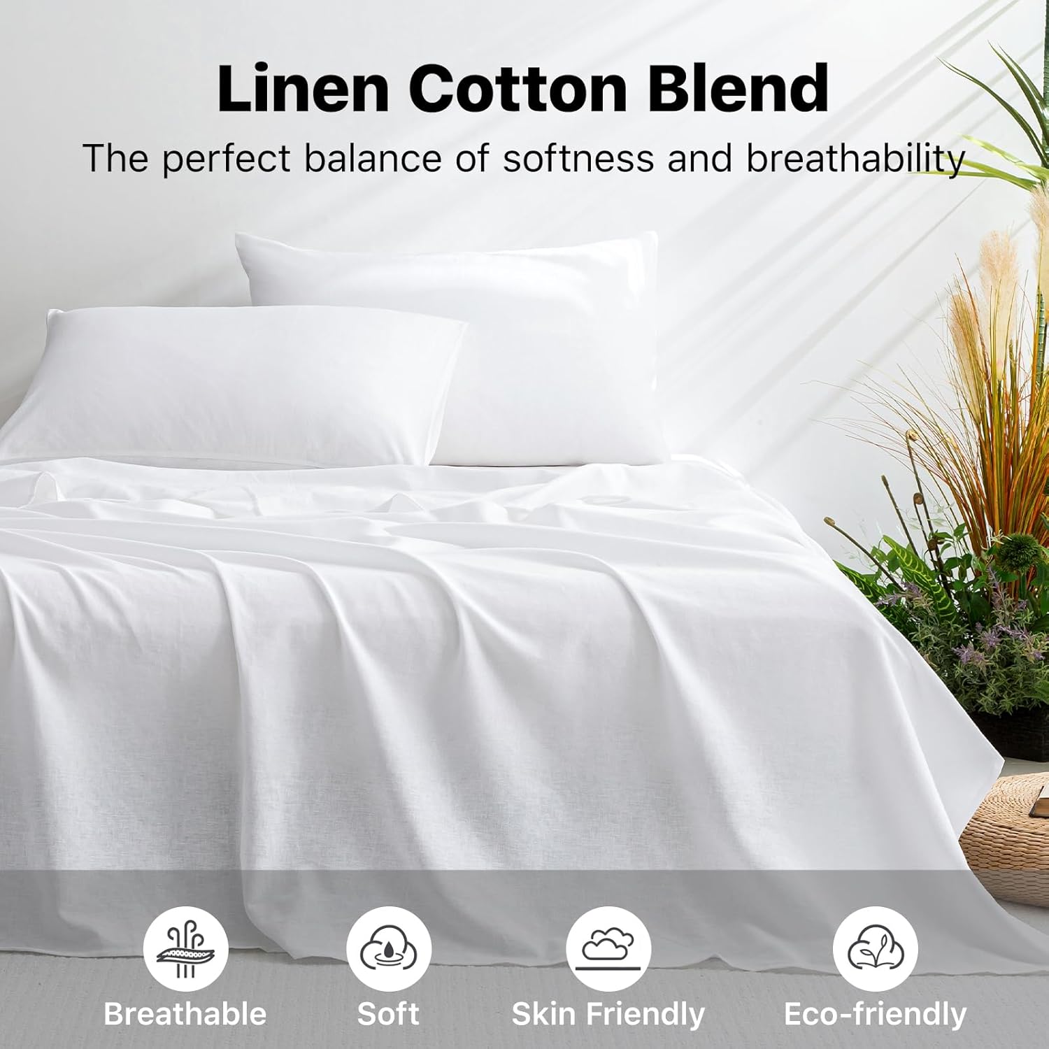 Linen Sheets Queen Size, Blend from Linen Cotton Bedsheets, Natural Flax,Breathable Soft Durable Sheet Set,16" Deep Pocket,All Seasons,4 Pieces (White, Queen)