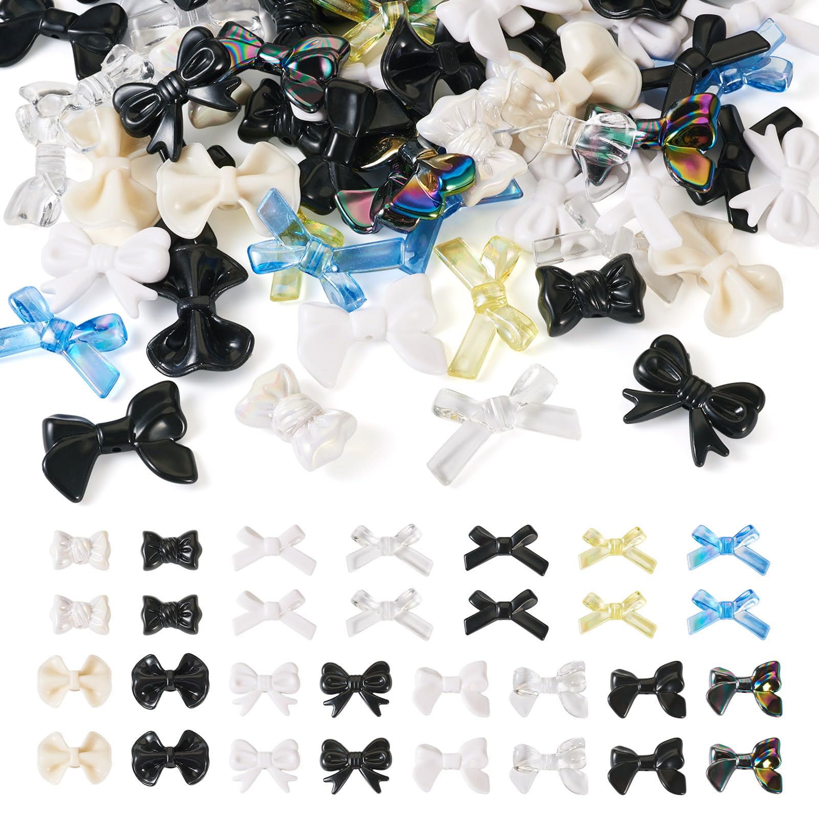 FASHEWELRY 60Pcs Large Acrylic Bow Beads Black White Pony Beads 15 Styles Cute Bowknot Loose Bead Kawaii Aesthetic Bead for Bracelet Necklace Keychain