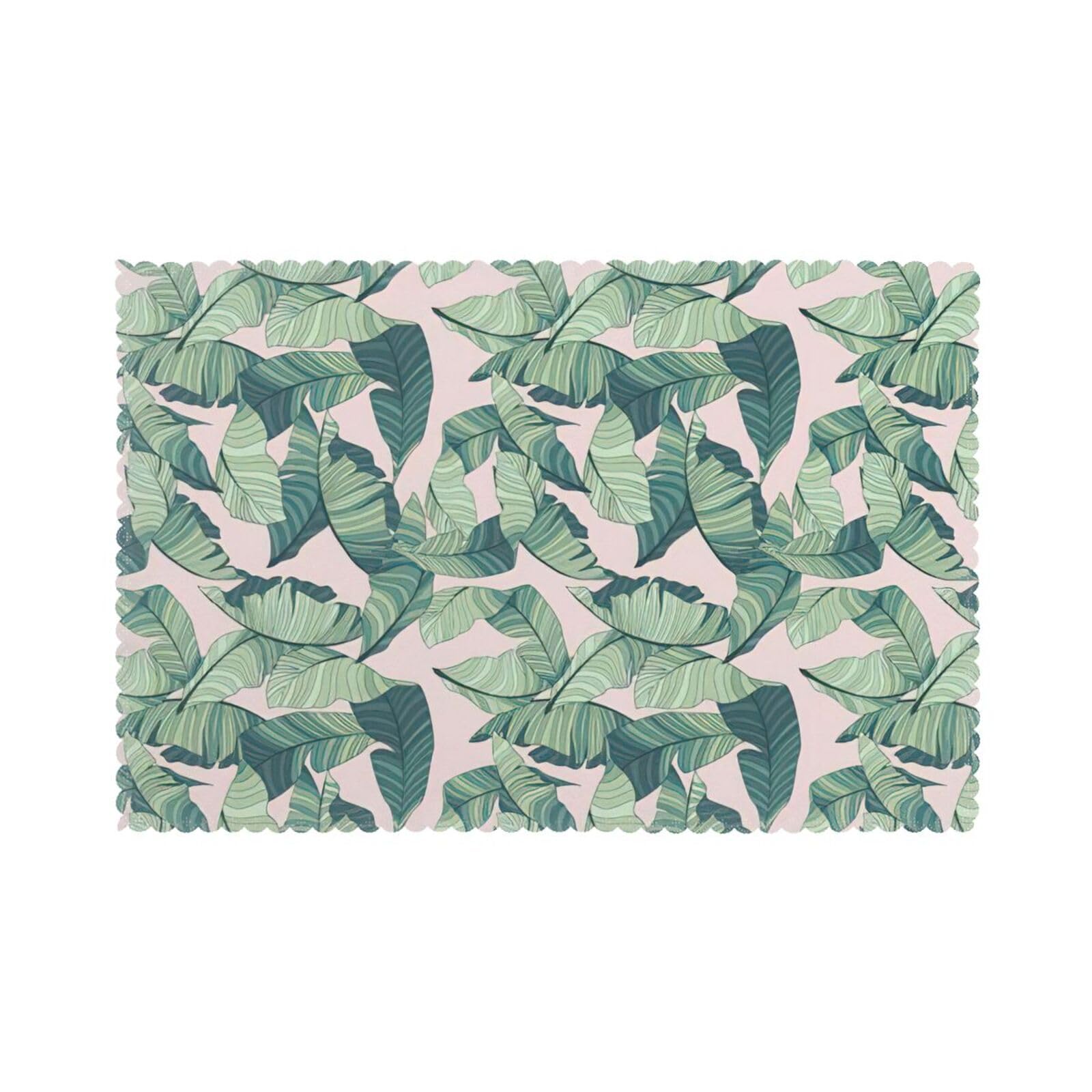 Green Palm Tree Leaves Pink Print Placemats Set Of 6, 12x18 Inch Polyester Washable Heat Resistant Kitchen Dining Table Mats