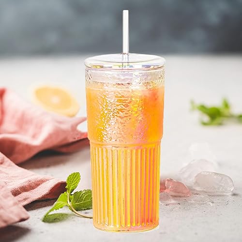 Miniatura 3 de COMI Vasos de vidrio con tapas y pajitas, vaso de vidrio de borosilicato alto para café helado, cristalería acanalada arcoíris de 20 onzas, 2