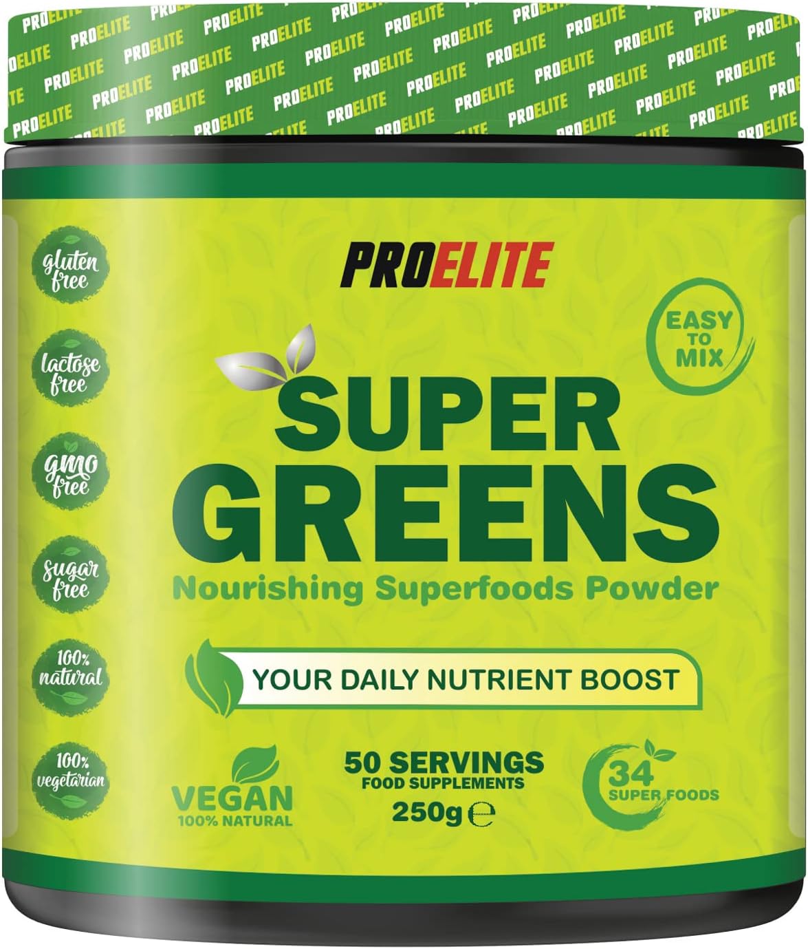 PRO-ELITE Super Greens Powder - 34 Superfoods Powder - 250g 50 Servings - Vitamin & Mineral Rich Formula - No Artificial Ingredients - Vegan & Vegetarian Friendly - GMO & Gluten Free - Made in The UK