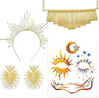 GWAWG 4PCS Halo Crown Baroque Costume Headwear,Sun Goddess Tiara and Crown Sunburst Headband,facial decoration,sun goddess necklace and earring for Cosplay Wedding Festival New Year Eve
