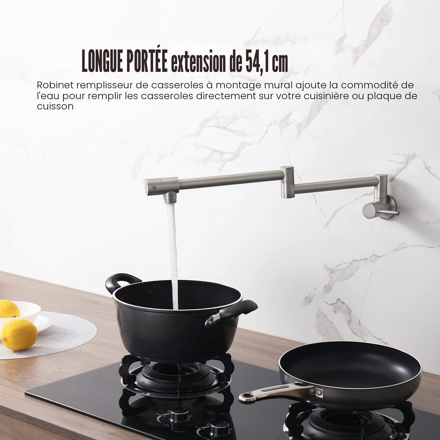 Robinets de cuisine, montage mural, double articulation, bras pivotant, évier de cuisine, pliable, extensible, avec un trou, deux poignées (nickel brossé)