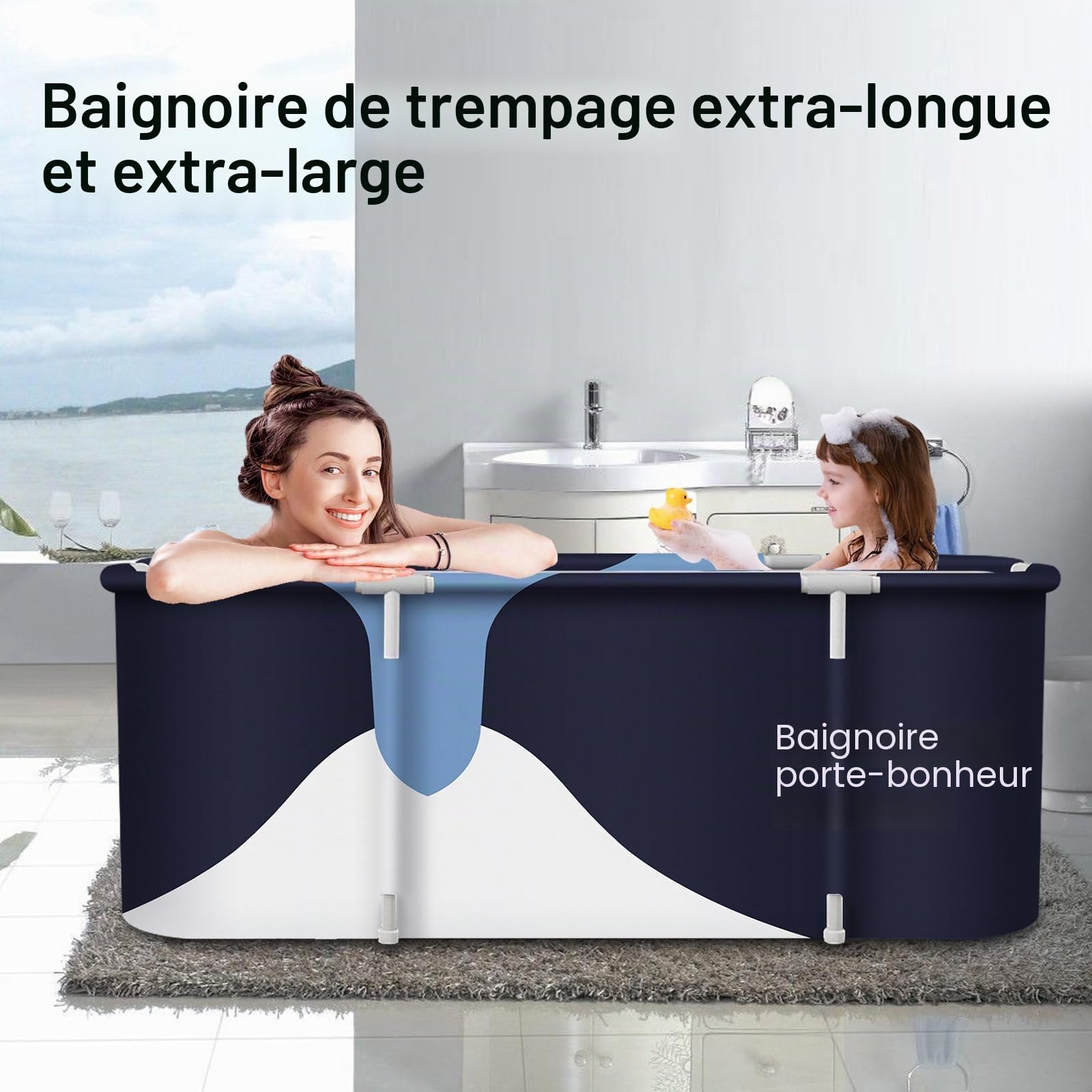 Baignoire Pliante SPA Salle de Bains Familiale Séparée Pliable Baignoires de Douche pour Intérieur, Portable et Mobile (Bleu-blanc)