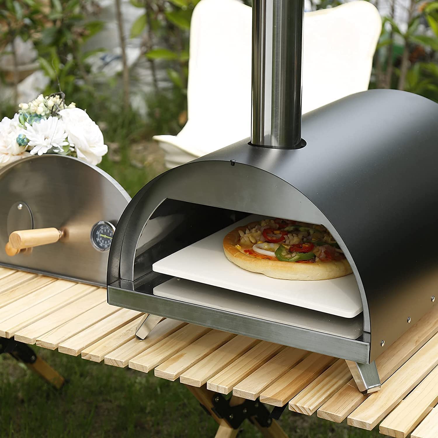 Vintage Gourmet® Table Top Portable Outdoor Pizza Oven Premium Black Enamel Charcoal Fired includes square Pizza Baking Stone Ready to Cook 15min Hopper Box Ideal for Hardwood Pellets [Energy Class A++]