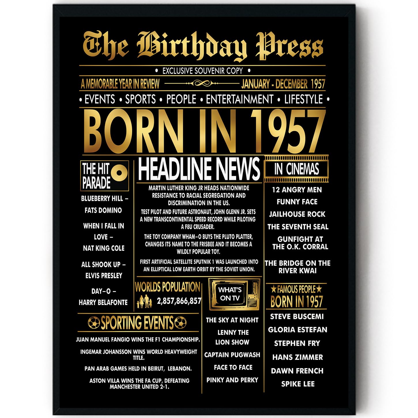 Stuff4 Gold 69th Birthday Poster Framed - Golden Born In 1957 Newspaper - Happy 69 Birthday for Men Women Retro Vintage Gifts Back In 1957, 8x10 Inch Bday Party Decor Decoration