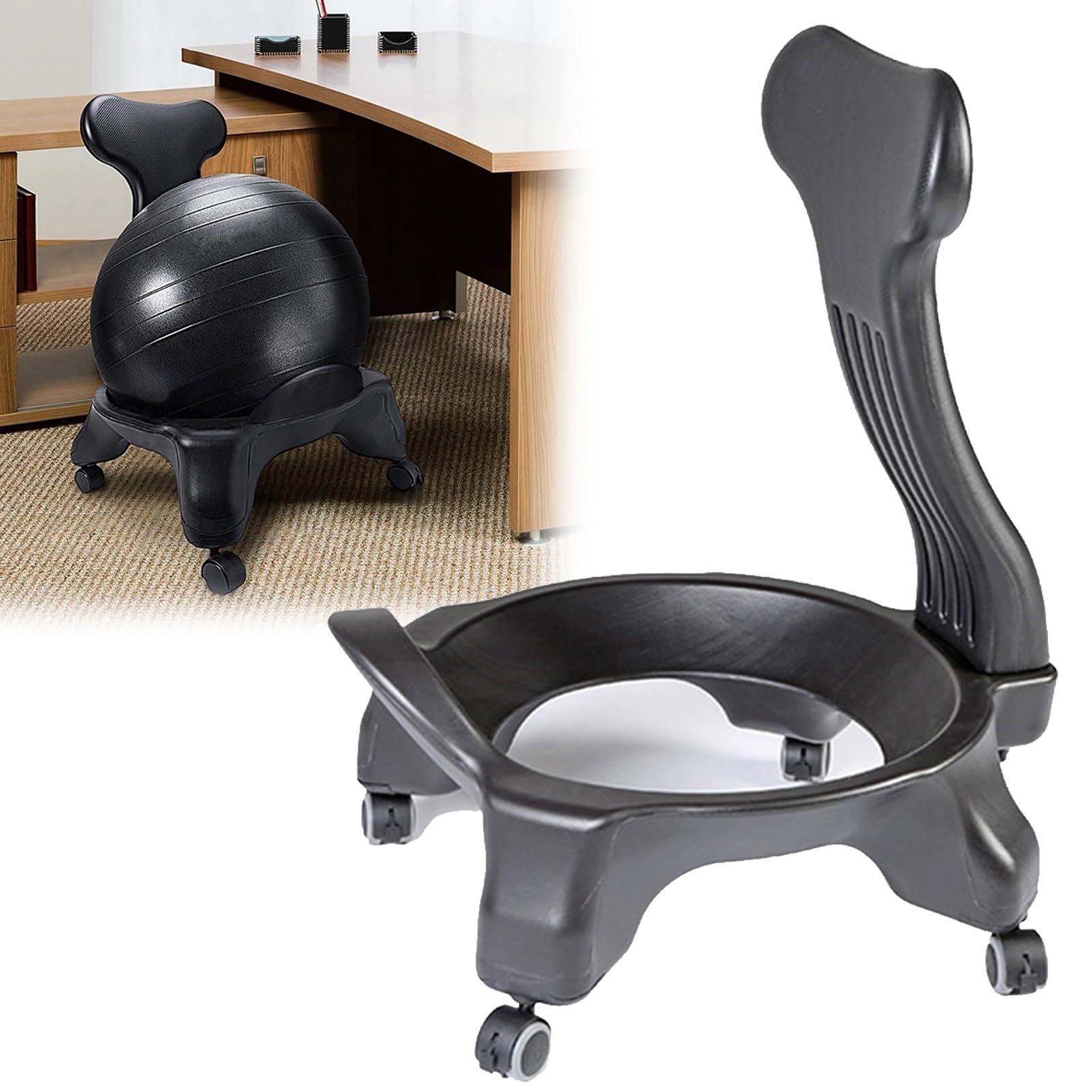 Silla de Bola Base Ergonómica con Ruedas para Oficina, Soporte de Estabilidad Móvil